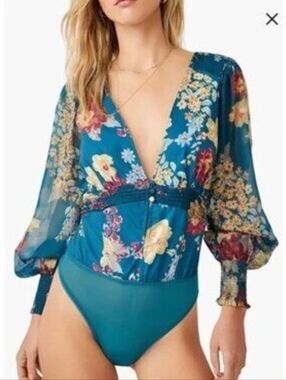 Free People Blue Floral Smocked Sun Bodysuit Size S